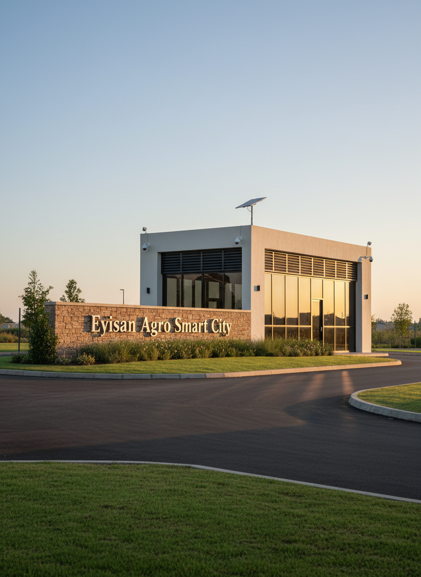 A meticulously detailed entrance gate of Eyisan Agro Smart City, photographed from eye level in crisp, realistic style. A wide, clean asphalt road leads to a contemporary security gatehouse with smooth off-white walls, dark aluminum accents, and large tinted glass panels. A bold but elegant sign reading “Eyisan Agro Smart City” sits on a low stone-clad wall, surrounded by manicured lawns, native shrubs, and carefully trimmed hedges. Subtle CCTV cameras and a solar-powered streetlight emphasize security and modernity. Soft early-morning light creates gentle reflections on the glass and a warm glow on the stone textures, with shadows stretching across the driveway. The mood is reassuring, organized, and professional, highlighting secure land ownership and a welcoming first impression for prospective buyers.
