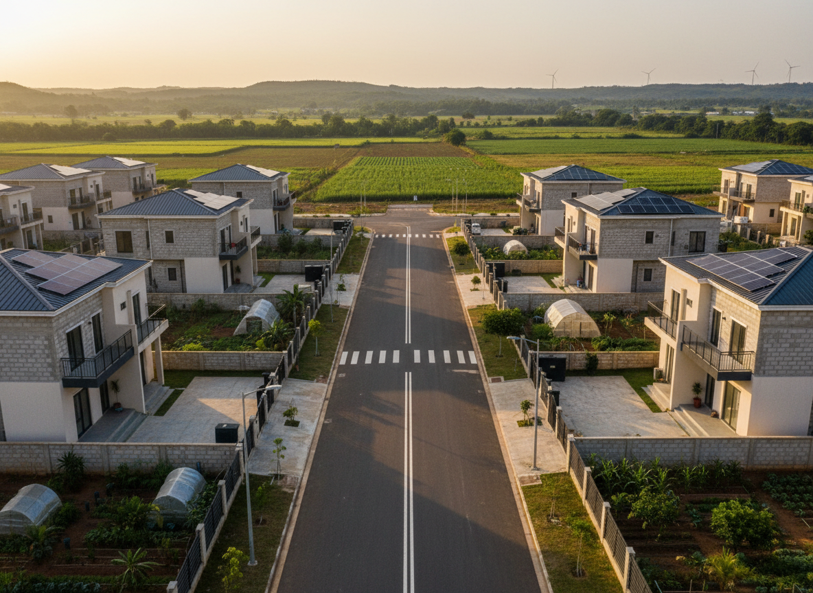 A modern agro-residential neighborhood street within Eyisan Agro Smart City, captured in photographic realism from a slightly elevated angle. On both sides of a smooth, well-marked asphalt road sit neatly spaced duplex plots and completed homes with light-colored facades, minimalist balconies, and metal roofs in muted tones. Between houses, lush green backyard gardens and small crop patches showcase urban farming integration. Solar panels glint faintly on several roofs. The late-afternoon sun casts warm, directional light, producing soft, elongated shadows and emphasizing the clean lines of the architecture. The composition follows the road into the distance with strong linear perspective, creating depth and a sense of organized growth. The mood is peaceful, secure, and aspirational, reflecting a thriving smart community in Ogun State.