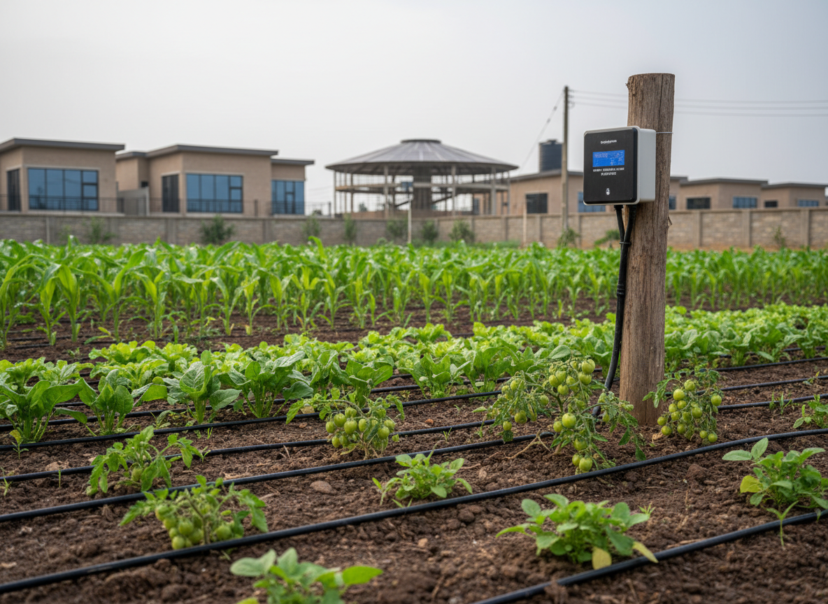 A close-up, high-realism scene of productive farmland within Eyisan Agro Smart City, shot from a low angle at the edge of a field. Neatly aligned vegetable beds—rich green leafy crops, young maize, and low-growing tomatoes—emerge from dark, well-tilled soil. Drip irrigation lines run straight between rows, connected to a compact, modern control box with a small digital display mounted on a sturdy post. In the middle distance, a subtle outline of modern estate homes and a small solar-powered water tank structure hint at integrated living. Soft, diffused morning light from an overcast sky enhances the lushness of the plants, creating gentle shadows and rich color saturation. The atmosphere is calm, fertile, and efficient, emphasizing sustainable agriculture and smart farming technology on owned land.
