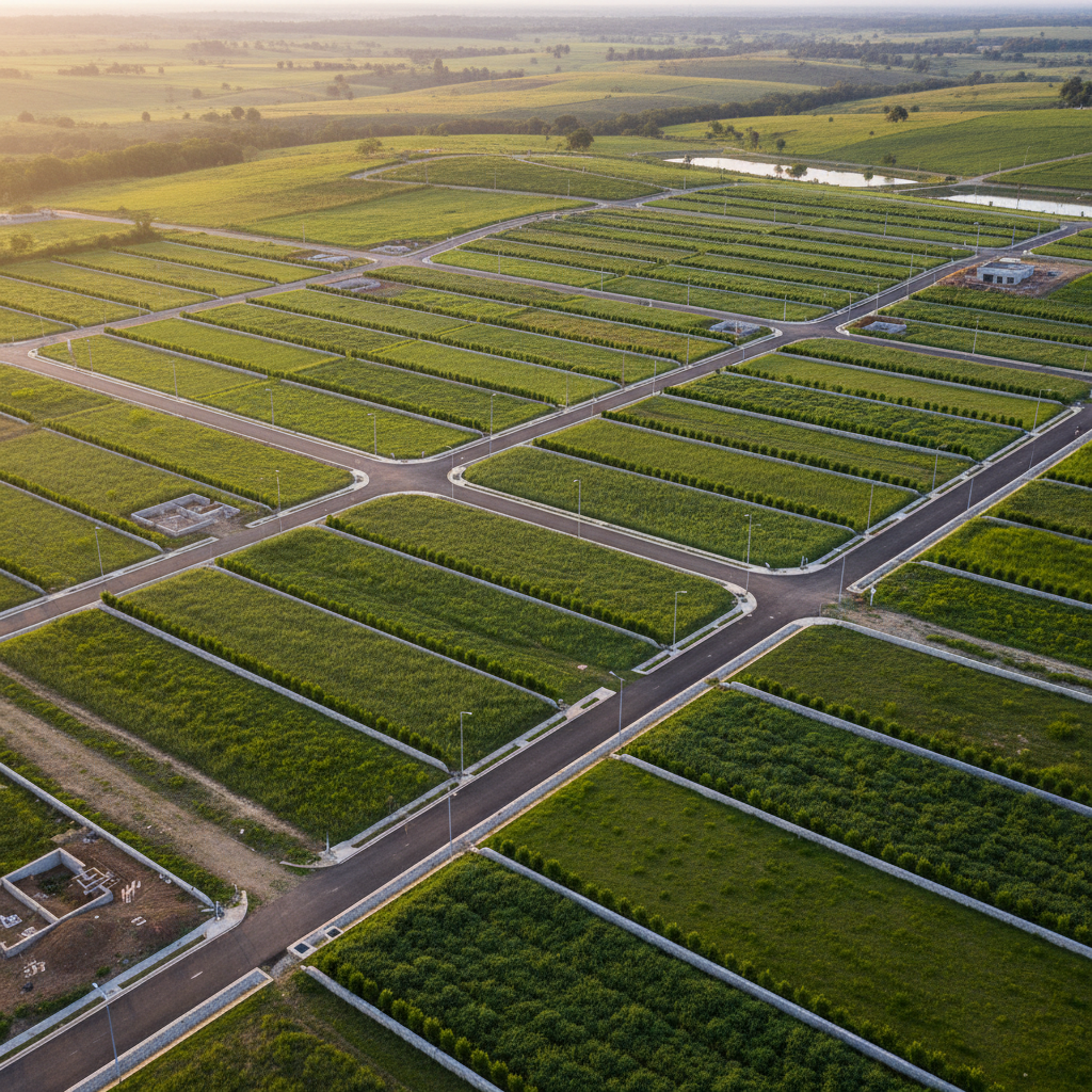 An organized land-plot layout map brought to life in a semi-aerial, photographic scene of Eyisan Agro Smart City. Rectangular and square plots are clearly demarcated by low concrete boundary markers and young hedge lines, stretching neatly across gently undulating terrain. Some plots show early construction foundations, while others display cover crops or grass, indicating flexible use for farming and residential development. Compact gravel roads and wider asphalt access roads intersect in a clear grid, accented by solar streetlights and stormwater drainage channels. Late-afternoon sunlight adds a warm gradient across the landscape, highlighting textures in the soil and vegetation. Shot from a drone-like perspective with sharp focus, the image conveys clarity, order, and transparency in land allocation for buyers, evoking trust and long-term planning.