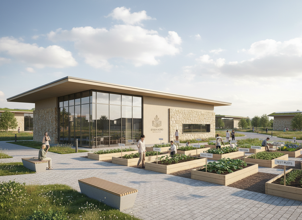 An educational and community hub inside Eyisan Agro Smart City, rendered in realistic photographic style. A contemporary, single-story learning center with wide glass windows and a flat, overhanging roof sits beside a small demonstration farm plot. The building is finished in warm beige and natural stone, with a subtle logo on the facade. Outside, neatly arranged raised beds and labeled crop sections showcase training plots for residents, surrounded by paved walkways and low, modern benches. Mid-morning sunlight filters through scattered clouds, producing balanced, soft light with minimal harsh shadows. The composition is framed using the rule of thirds, with the learning center on one side and the demonstration farm on the other, conveying a balanced integration of education and agriculture within the smart city.