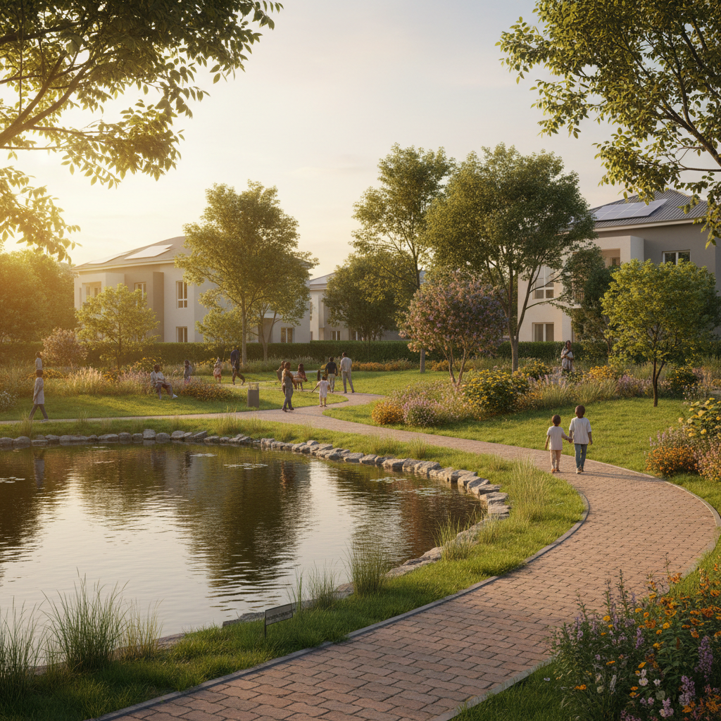 A serene communal green space at the heart of Eyisan Agro Smart City, captured in realistic photographic detail at golden hour. A gently curving walkway of interlocking paving stones winds through manicured lawns, ornamental trees, and clusters of flowering shrubs in soft, natural colors. On one side, a small reflective pond bordered by native grasses and stone edging mirrors the warm sky. In the background, low-rise modern residences with neutral facades and integrated rooftop solar panels sit quietly, partially obscured by greenery. The warm, low-angle sunlight creates a golden halo on tree leaves and subtle highlights on water ripples, with long, soft shadows enhancing depth. The mood is tranquil, safe, and community-focused, highlighting lifestyle and relaxation within an agro-residential smart city in Ogun State.