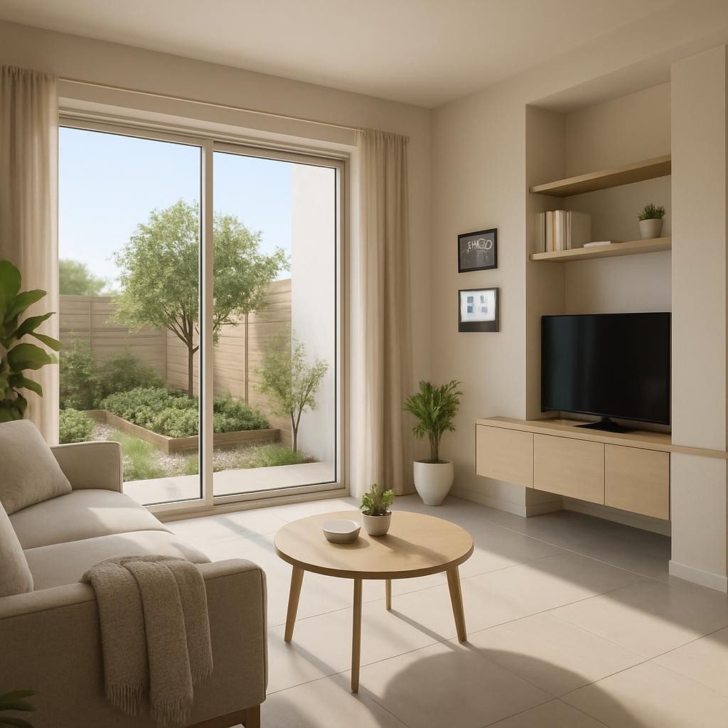 A high-detail interior view of a model living room in a typical Eyisan Agro Smart City home, photographed in clean, modern realism. The space features smooth off-white walls, large floor tiles in light grey, and a generous sliding glass door opening to a small private garden with visible vegetable beds and a young fruit tree. Sleek built-in shelving and a compact media wall subtly integrate smart home control panels and energy monitoring displays. Soft daylight pours in through the glass, casting delicate shadows from indoor plants and emphasizing the room’s spaciousness. The composition uses a wide-angle lens and eye-level perspective to show both interior comfort and the agro-lifestyle just outside. The atmosphere is calm, orderly, and aspirational, emphasizing smart living, efficiency, and connection to personal food production.