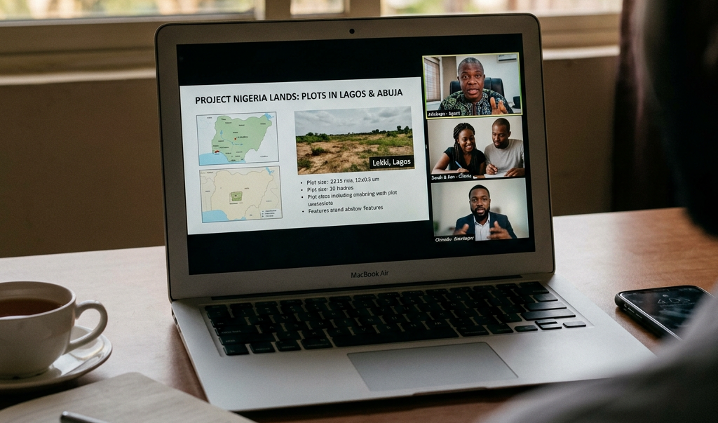 Laptop screen showing a virtual meeting with a real estate presentation about plots in Lagos and Abuja, Nigeria