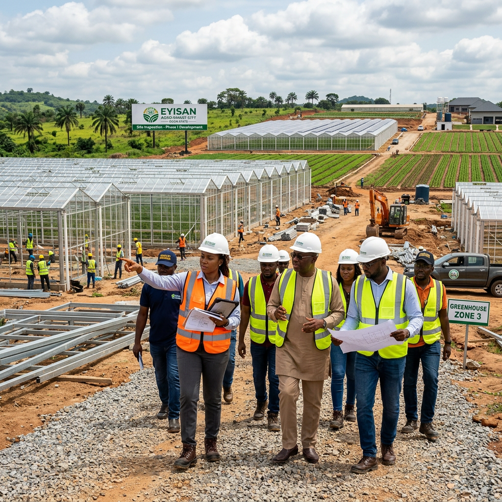 Team of professionals wearing safety helmets and vests inspecting greenhouse construction site