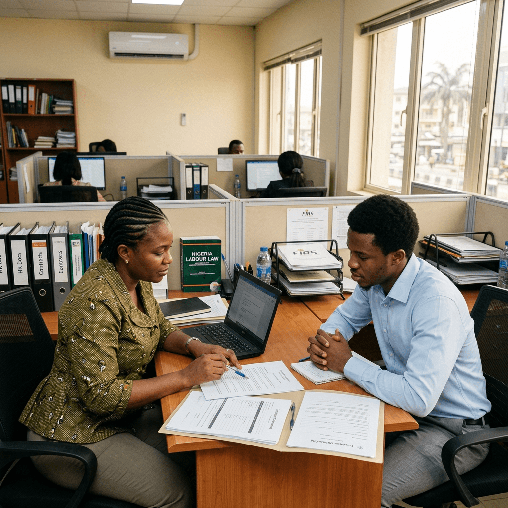 Two professionals reviewing documents together at a desk in an office cubicle